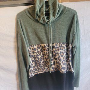Haptics Green Mock Neck Long Sleeve with Leopard print in the middle and Black